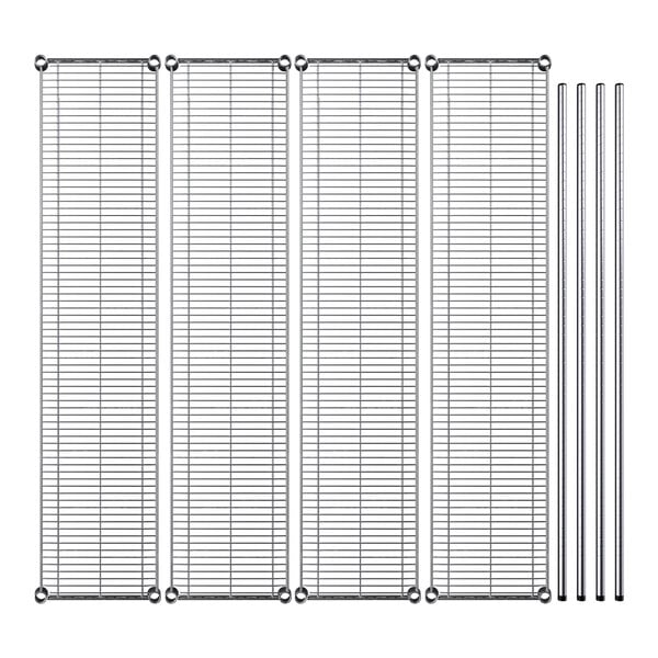 A Regency chrome wire shelving kit with four shelves and metal rods.
