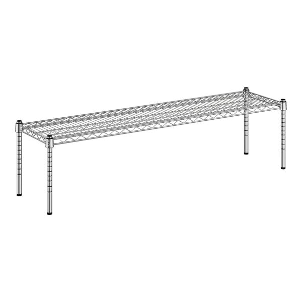 A wireframe metal shelf with long shelves.