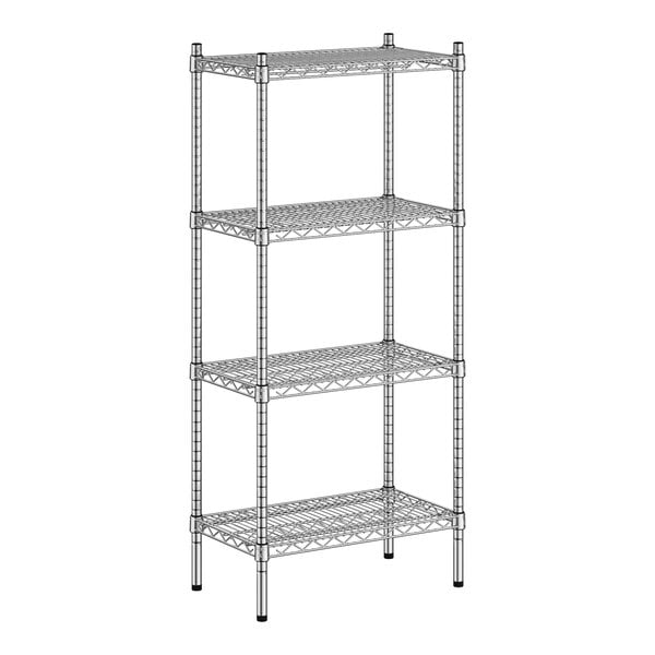 A wireframe of a metal Regency wire shelving unit with four shelves.