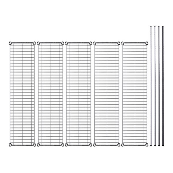 A metal grid with metal rods configured as a row of metal shelves.