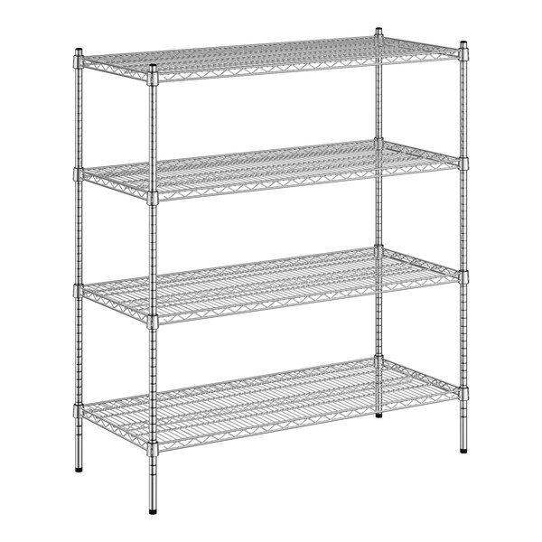 A wireframe of a Regency chrome wire shelving unit with four shelves.