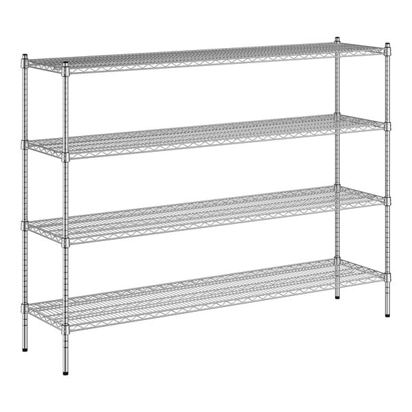 A wireframe metal shelving unit with four shelves.