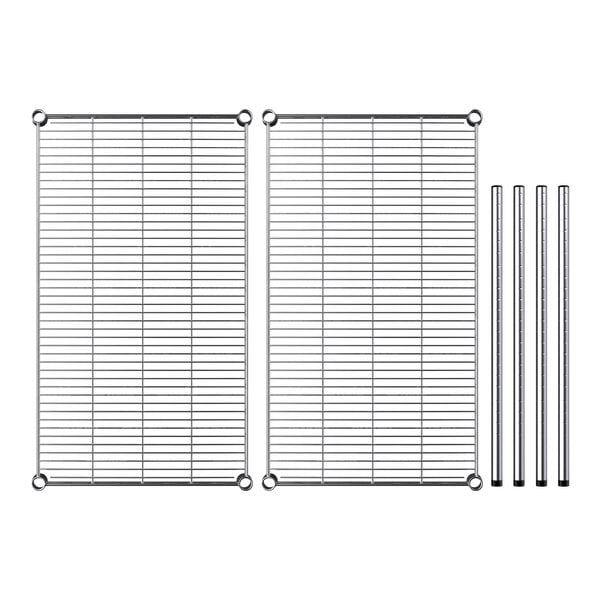 A Regency chrome wire shelving kit with metal grid shelves and metal rods.