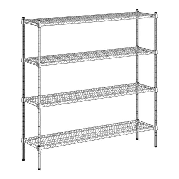 A wireframe of a Regency chrome wire shelving unit with four shelves.