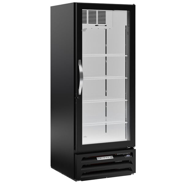 A black glass door merchandiser freezer with a left-hinged door and multiple interior shelves.