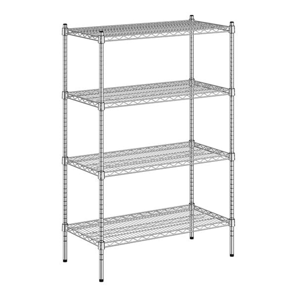 A wireframe of a Regency chrome wire shelving unit with four shelves.