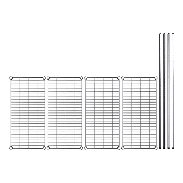 A wire rack with metal rods and mesh shelves.