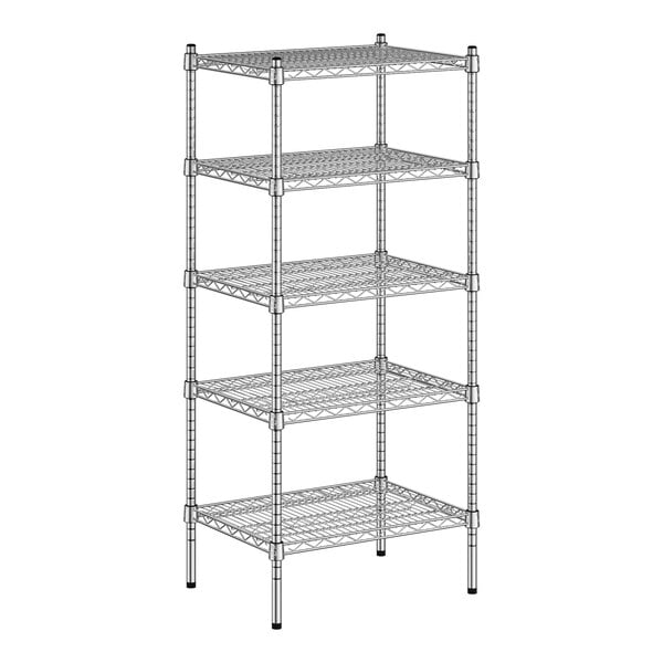 A wireframe of a Regency chrome wire shelving unit with four shelves.