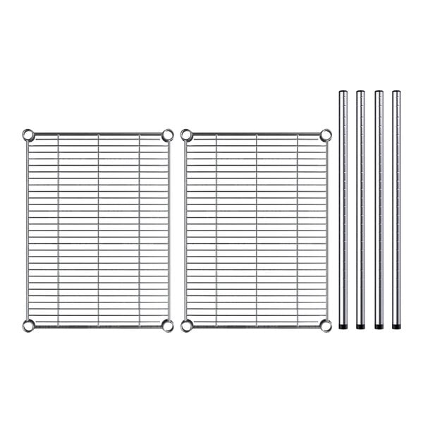 A Regency wire shelving kit with two metal shelves and metal rods.