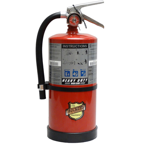 A Buckeye red fire extinguisher with a hose.