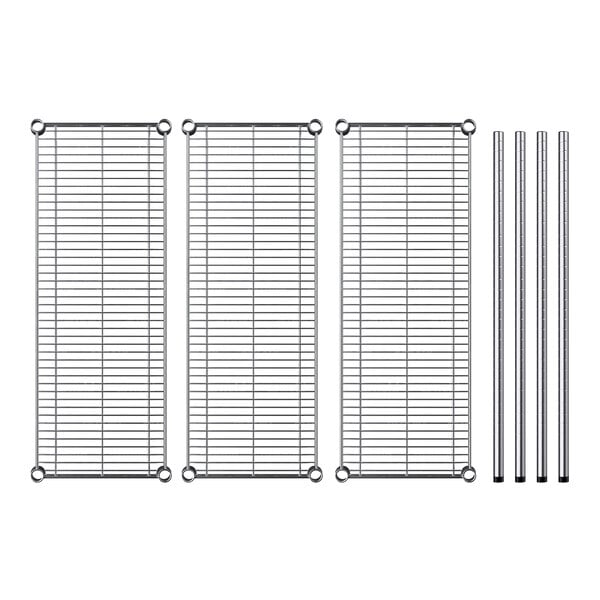 A Regency chrome wire shelving kit with metal shelves and rods.