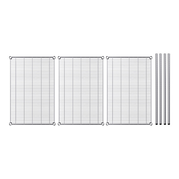 A wire rack with metal rods and shelves.