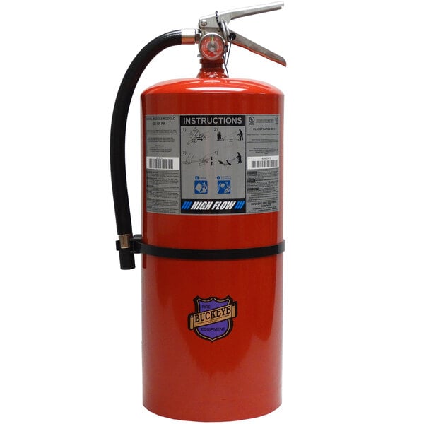 A Buckeye purple fire extinguisher with a hose.