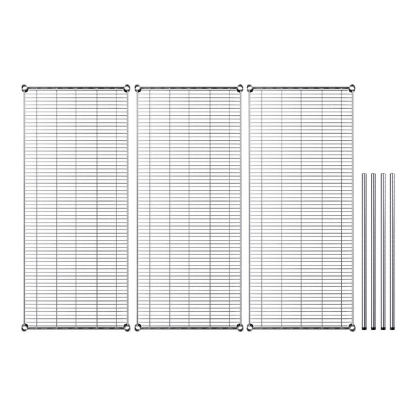 A wire shelving kit with three wire mesh panels and metal rods.