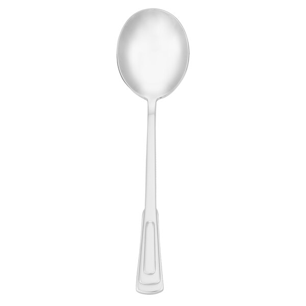 A Walco stainless steel round bowl soup spoon with a handle.