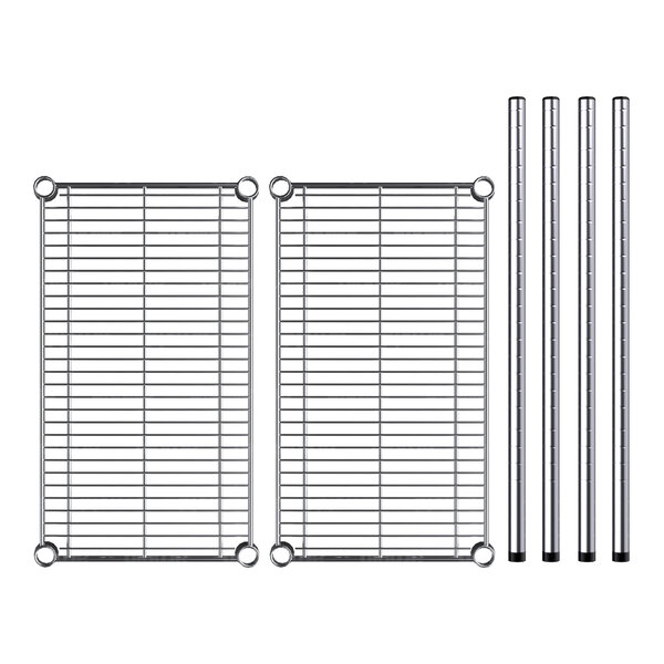 A Regency chrome wire shelving kit with two shelves and two metal rods.