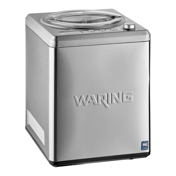 A silver square Waring ice cream maker with a circular lid.