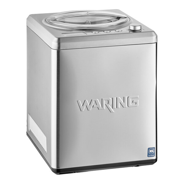 A silver square Waring ice cream maker with a circular lid.
