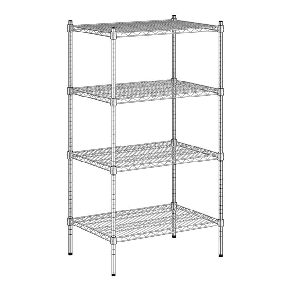 A wireframe Regency metal shelving unit with four shelves.