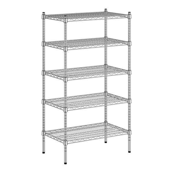 A wireframe of a Regency chrome wire shelving unit with four shelves.