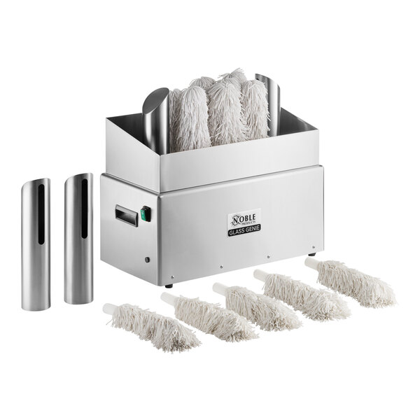 An electric glass polisher with eight brush attachments and a stainless steel exterior, designed for commercial use.