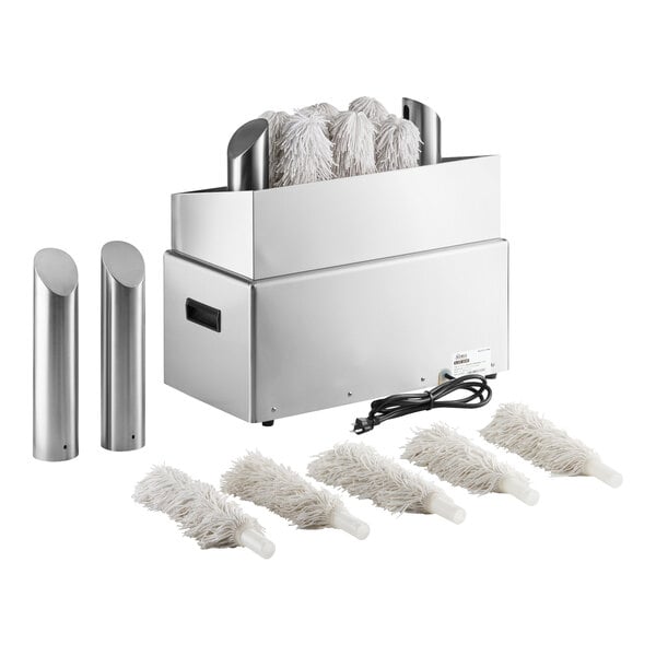 An extra-large commercial electric glass polisher with eight brush attachments and a stainless steel body.