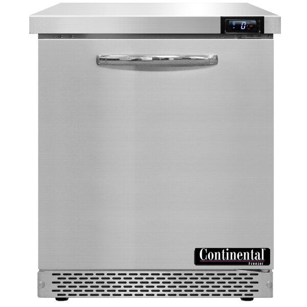 A silver Continental Refrigerator undercounter freezer with a handle.