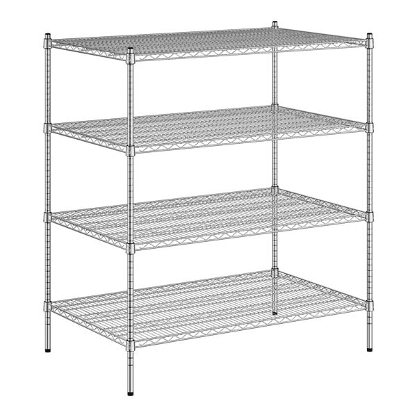 A wireframe of a Regency chrome wire shelving unit with four shelves.