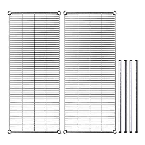 A Regency chrome wire shelving kit with 2 shelves and metal rods.