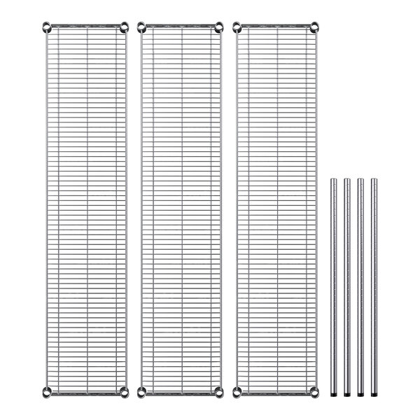 A Regency chrome wire shelving kit with three shelves and metal poles.