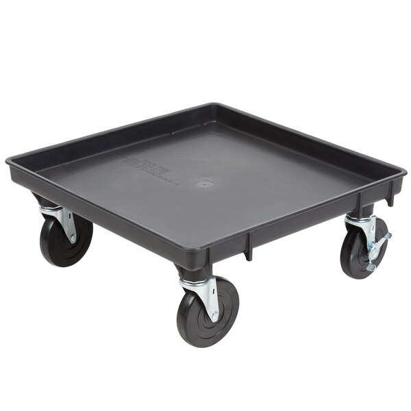 A black plastic Vollrath Traex rack dolly base with wheels.
