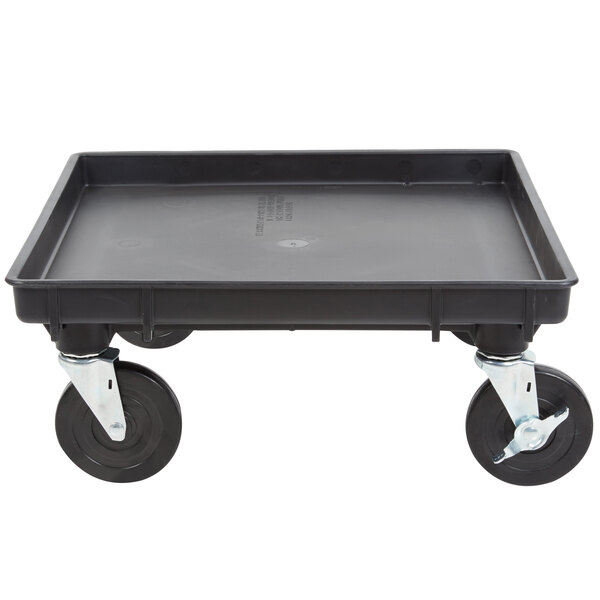 A black plastic Vollrath Traex dolly base with wheels.