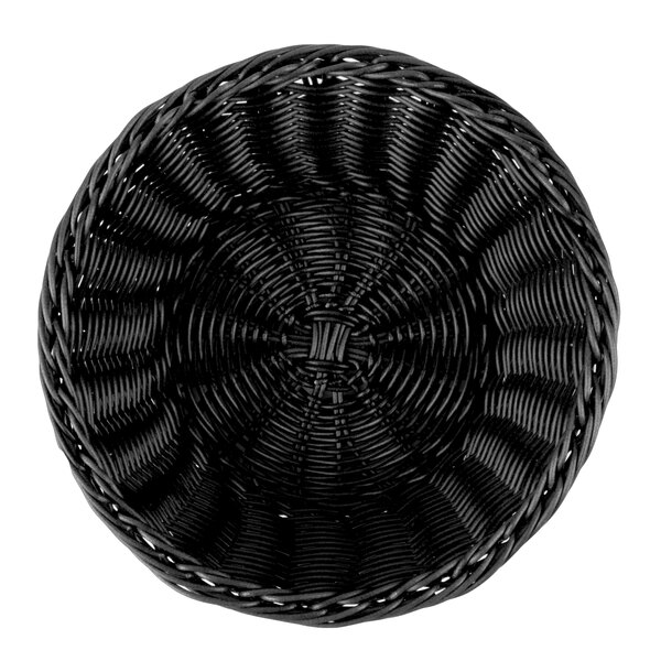 A black round rattan basket with a circular pattern.