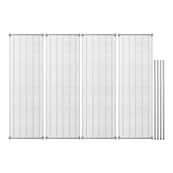 A group of metal grids with white shelves.