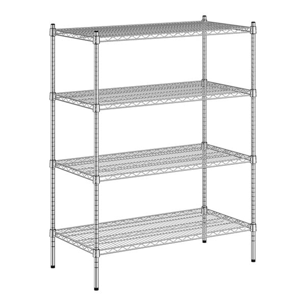 A wireframe of a Regency metal shelving unit with four shelves.