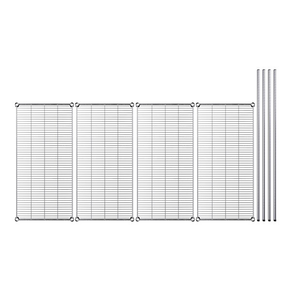 A metal wire shelving kit with four shelves and poles.