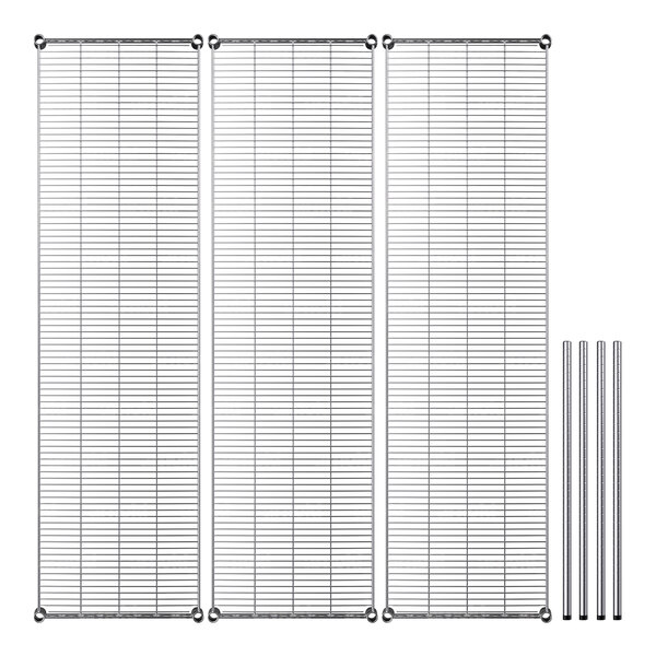 A Regency chrome wire shelving kit with three shelves and metal rods.