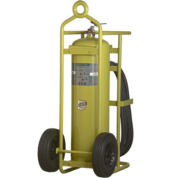 A Buckeye green fire extinguisher on a cart.