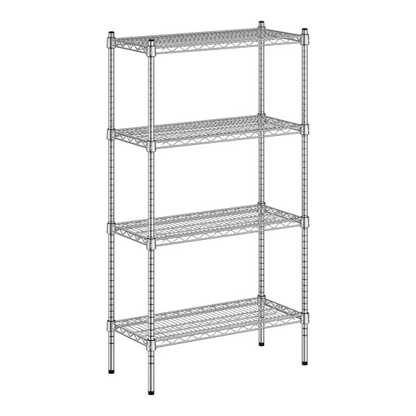 A wireframe of a Regency metal wire shelf kit with four shelves.