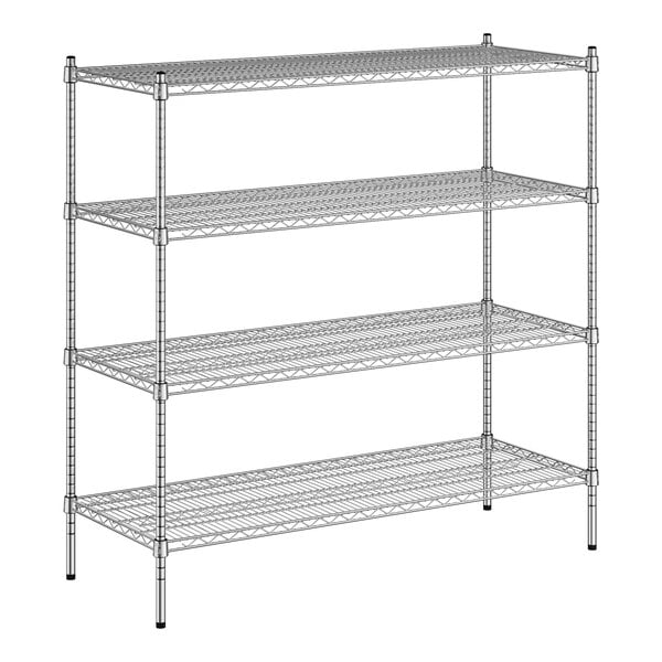 A wireframe of a Regency chrome wire shelving unit with four shelves.