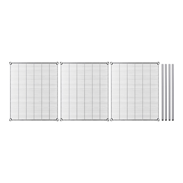 A row of wire mesh shelves with metal rods on white background.