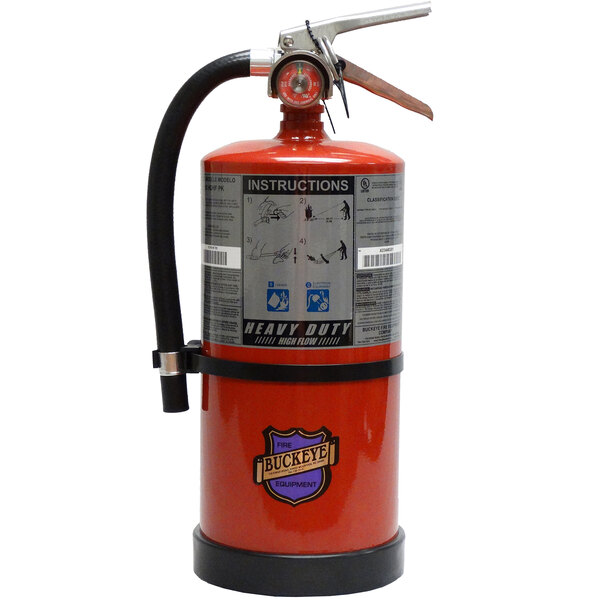 A purple Buckeye fire extinguisher with a black hose.