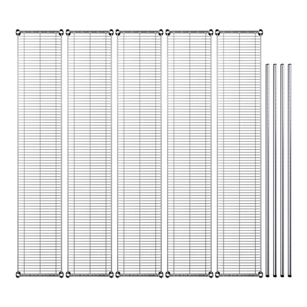 A group of chrome wire mesh shelves.