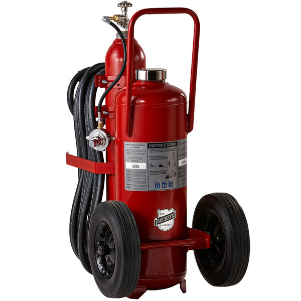 A red Buckeye fire extinguisher on wheels with a black hose.