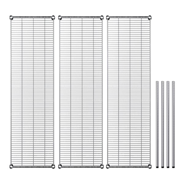 A Regency chrome wire shelf kit with three metal shelves and metal rods.