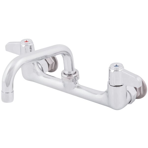 A chrome Equip by T&S wall-mounted faucet with lever handles and a swing spout.