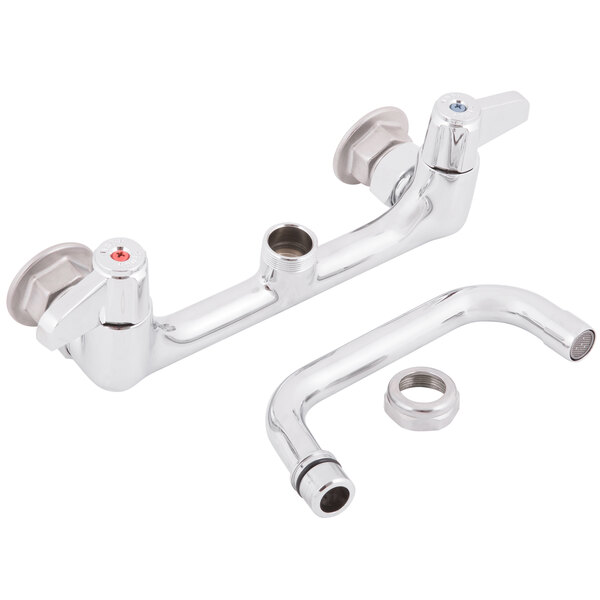 Two Equip by T&S chrome wall-mounted faucets with swing spouts and lever handles on a white background.