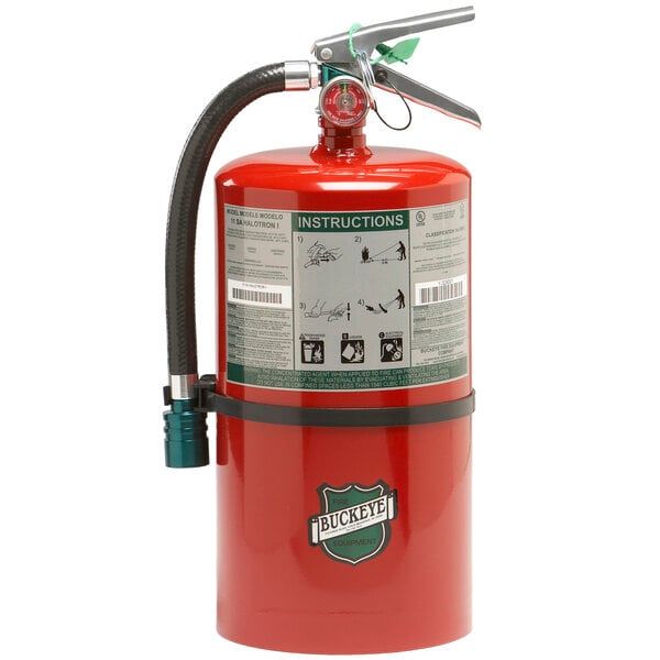 A red Buckeye fire extinguisher with a hose.