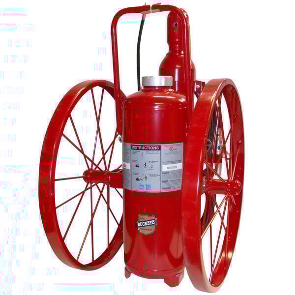 A red Buckeye fire extinguisher with steel wheels.