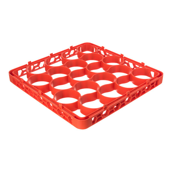 An orange color-coded short glass rack extender with 20 compartments.